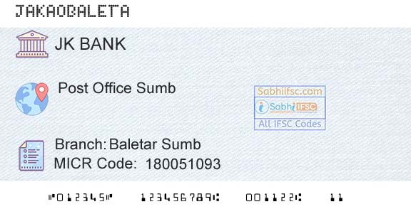 Jammu And Kashmir Bank Limited Baletar Sumb Branch 