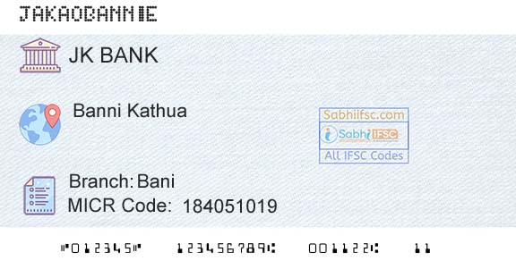 Jammu And Kashmir Bank Limited BaniBranch 