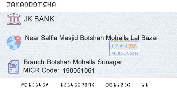Jammu And Kashmir Bank Limited Botshah Mohalla SrinagarBranch 