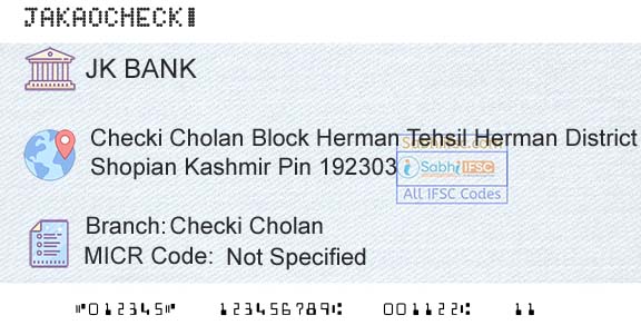 Jammu And Kashmir Bank Limited Checki CholanBranch 