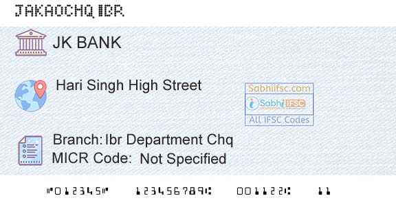 Jammu And Kashmir Bank Limited Ibr Department ChqBranch 