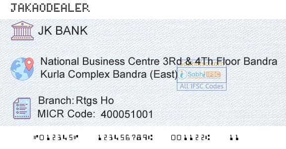 Jammu And Kashmir Bank Limited Rtgs HoBranch 