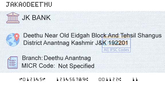 Jammu And Kashmir Bank Limited Deethu AnantnagBranch 