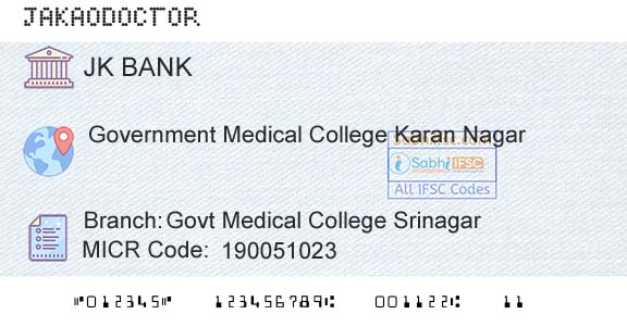 Jammu And Kashmir Bank Limited Govt Medical College SrinagarBranch 