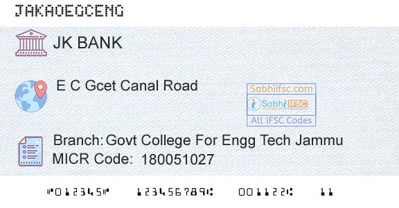 Jammu And Kashmir Bank Limited Govt College For Engg Tech JammuBranch 