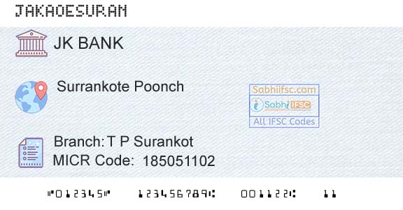 Jammu And Kashmir Bank Limited T P SurankotBranch 