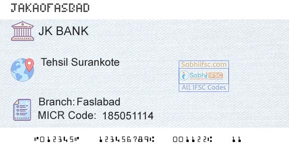 Jammu And Kashmir Bank Limited FaslabadBranch 
