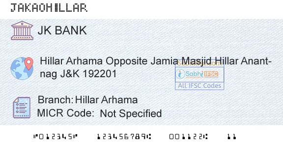 Jammu And Kashmir Bank Limited Hillar ArhamaBranch 