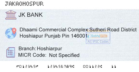 Jammu And Kashmir Bank Limited HoshiarpurBranch 