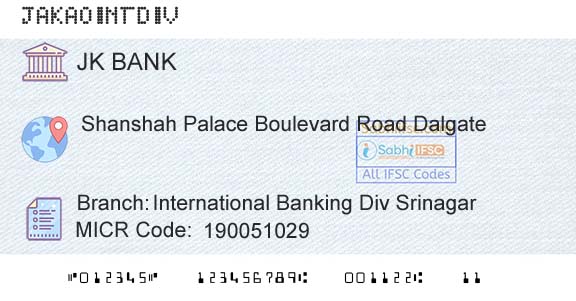 Jammu And Kashmir Bank Limited International Banking Div SrinagarBranch 