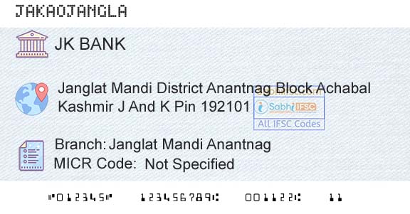 Jammu And Kashmir Bank Limited Janglat Mandi AnantnagBranch 