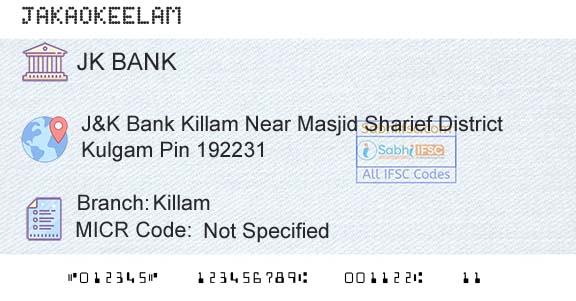 Jammu And Kashmir Bank Limited KillamBranch 