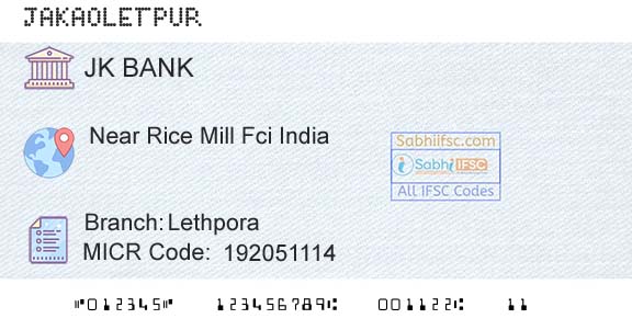 Jammu And Kashmir Bank Limited LethporaBranch 