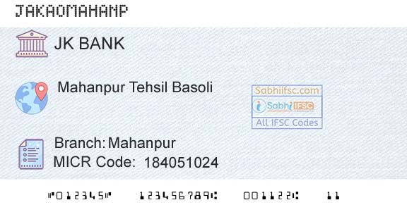 Jammu And Kashmir Bank Limited MahanpurBranch 