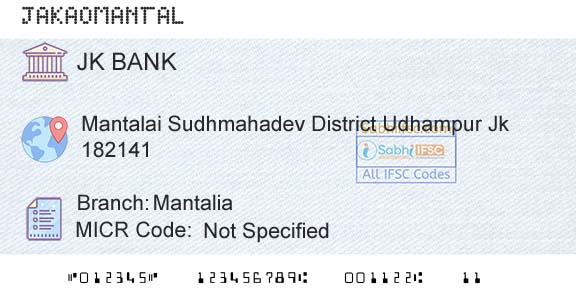 Jammu And Kashmir Bank Limited MantaliaBranch 