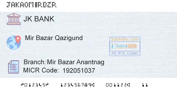 Jammu And Kashmir Bank Limited Mir Bazar AnantnagBranch 