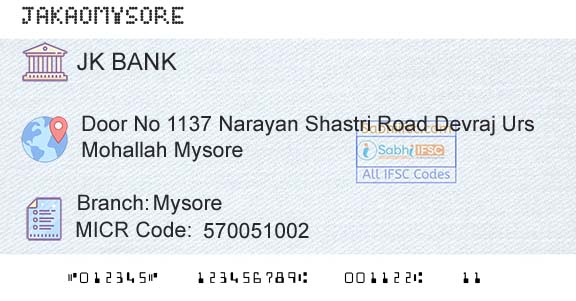 Jammu And Kashmir Bank Limited MysoreBranch 