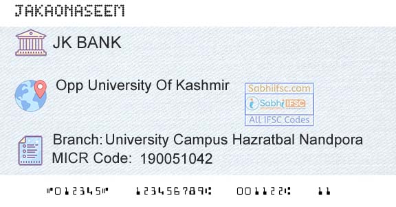 Jammu And Kashmir Bank Limited University Campus Hazratbal Nandpora Branch 