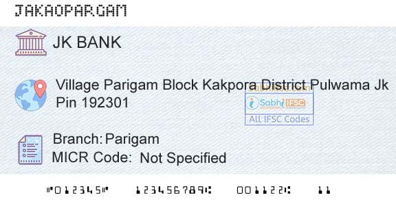 Jammu And Kashmir Bank Limited ParigamBranch 