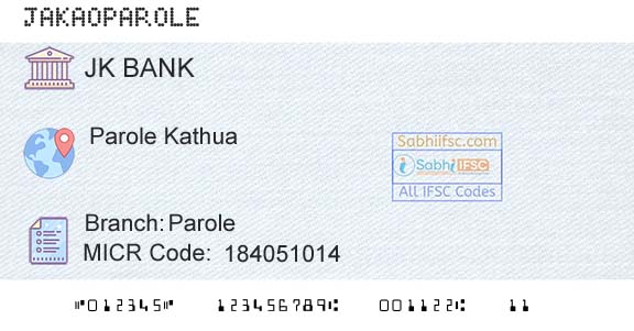 Jammu And Kashmir Bank Limited ParoleBranch 