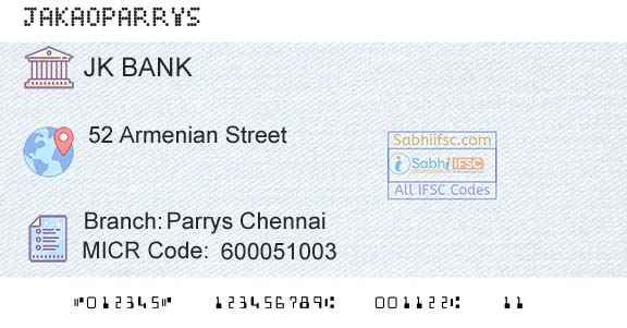 Jammu And Kashmir Bank Limited Parrys ChennaiBranch 