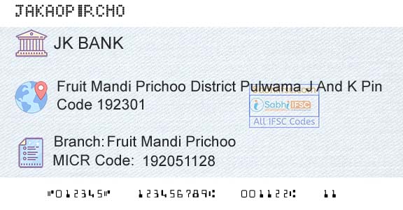 Jammu And Kashmir Bank Limited Fruit Mandi PrichooBranch 