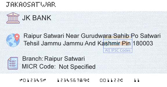 Jammu And Kashmir Bank Limited Raipur SatwariBranch 