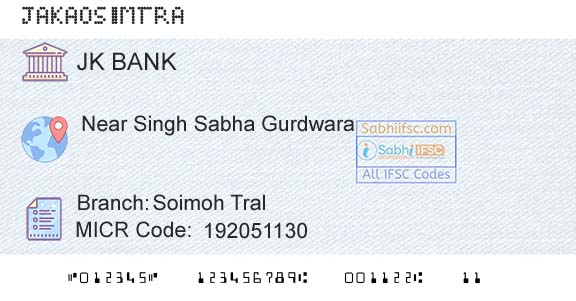 Jammu And Kashmir Bank Limited Soimoh TralBranch 