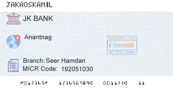 Jammu And Kashmir Bank Limited Seer HamdanBranch 