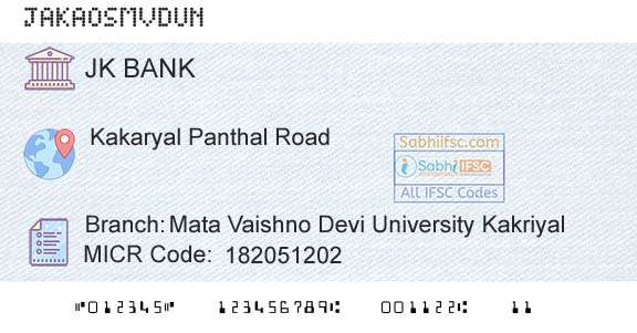 Jammu And Kashmir Bank Limited Mata Vaishno Devi University KakriyalBranch 