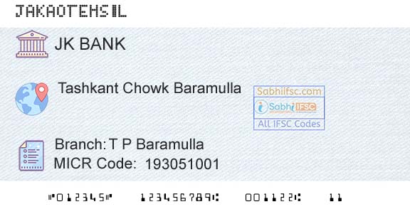 Jammu And Kashmir Bank Limited T P BaramullaBranch 