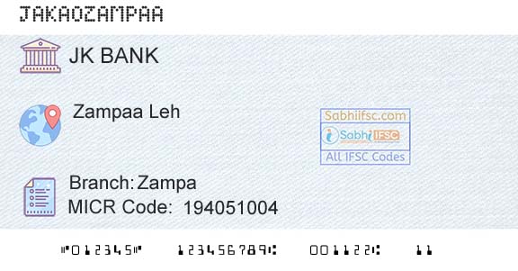 Jammu And Kashmir Bank Limited ZampaBranch 