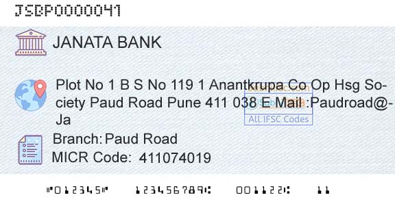 Janata Sahakari Bank Limited Paud RoadBranch 