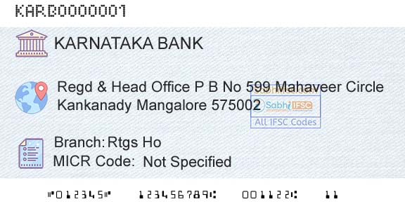 Karnataka Bank Limited Rtgs HoBranch 