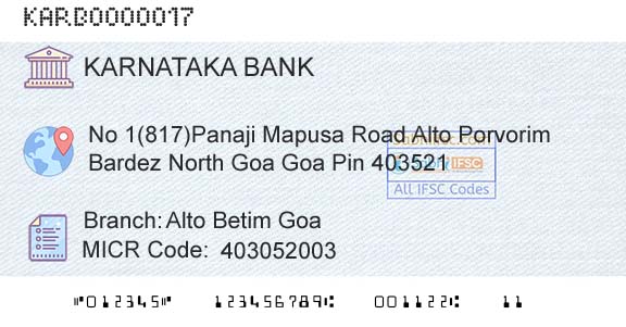 Karnataka Bank Limited Alto Betim GoaBranch 
