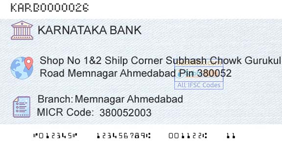 Karnataka Bank Limited Memnagar AhmedabadBranch 