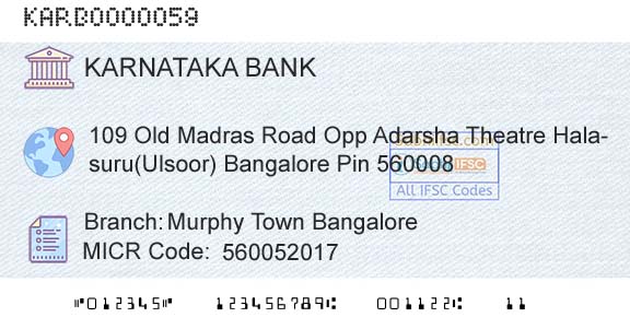 Karnataka Bank Limited Murphy Town BangaloreBranch 