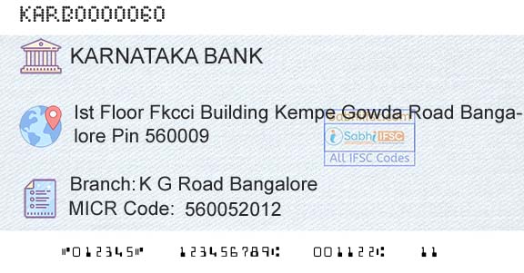 Karnataka Bank Limited K G Road BangaloreBranch 