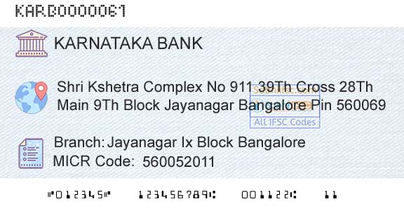 Karnataka Bank Limited Jayanagar Ix Block BangaloreBranch 