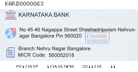 Karnataka Bank Limited Nehru Nagar BangaloreBranch 