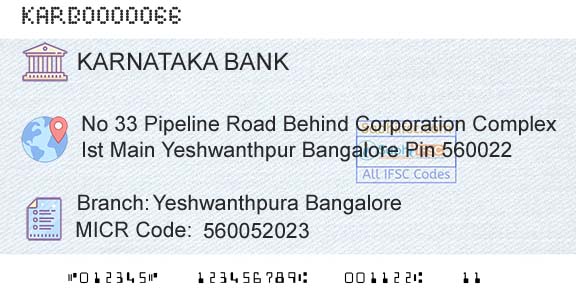 Karnataka Bank Limited Yeshwanthpura BangaloreBranch 