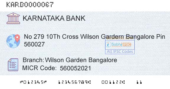 Karnataka Bank Limited Wilson Garden BangaloreBranch 