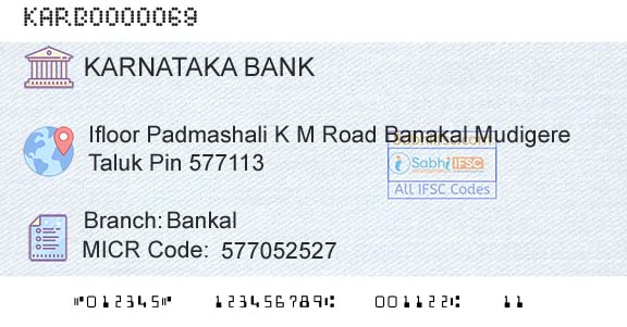 Karnataka Bank Limited BankalBranch 