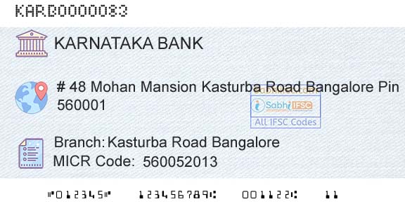 Karnataka Bank Limited Kasturba Road BangaloreBranch 