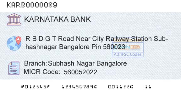 Karnataka Bank Limited Subhash Nagar BangaloreBranch 