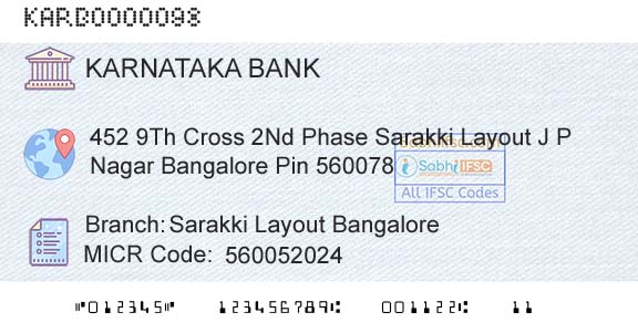 Karnataka Bank Limited Sarakki Layout BangaloreBranch 