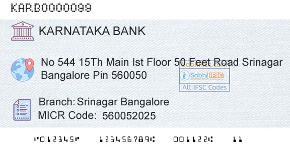 Karnataka Bank Limited Srinagar BangaloreBranch 