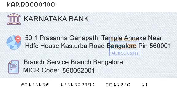 Karnataka Bank Limited Service Branch BangaloreBranch 