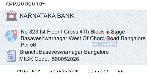 Karnataka Bank Limited Basaveswarnagar BangaloreBranch 
