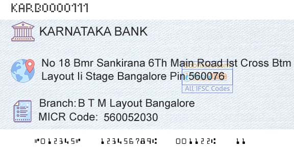 Karnataka Bank Limited B T M Layout BangaloreBranch 